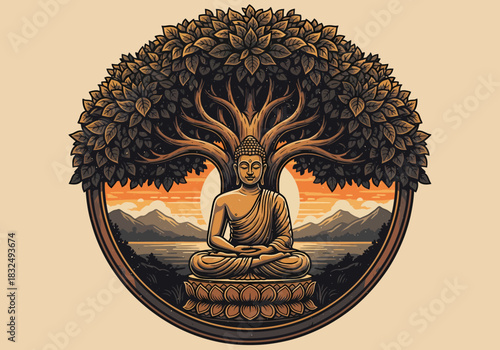 Spiritual illustration of Buddha meditating in lotus pose under the sacred Bodhi tree
