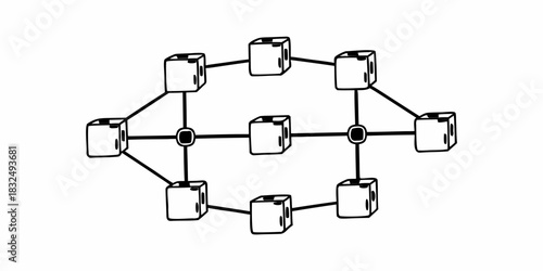 Illustration of a network with cubes and circles connected by lines in a white background drawing style