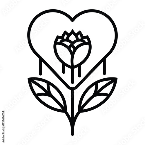 Bleeding heart flower outline botanical illustration in minimal line style