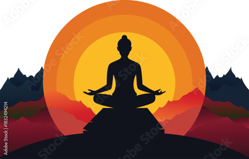 Find inner peace with mindful meditation in vibrant nature landscape silhouette art, perfect for yoga studio promotional material and wellness campaigns