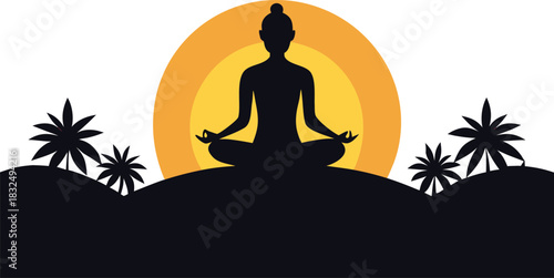Find inner peace with this serene yoga silhouette against a vibrant sunset backdrop, perfect for wellness retreats and mindful living promotions now