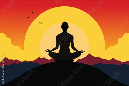 Find your inner peace with stunning meditation silhouette against a vibrant sunset over mountain landscape, perfect for wellness and mindfulness promotions