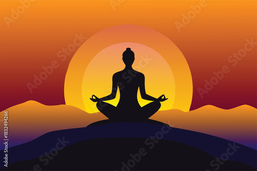 Find inner peace practicing yoga and meditation at sunset or sunrise, a serene illustration for relaxation, mindfulness, and wellness promotions