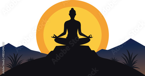 Serene yoga silhouette meditating at sunset, finding inner peace and mindfulness in nature's beauty under golden sun, promoting wellness and relaxation