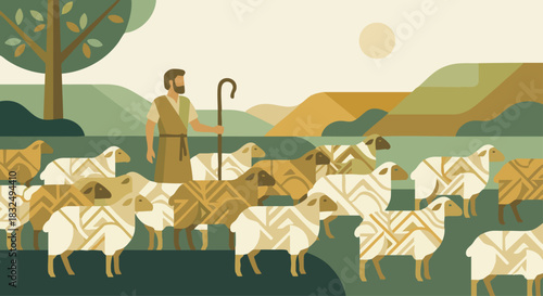 Jacob’s Growing Flock 
Bible story
bJacob tending large sheep with geometric patterns representing growth and blessing, muted greens and golds,