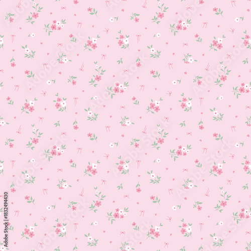 Flower pattern, floral seamless pattern, cottagecore ditsy tile print, gentle meadow flower on pink background. Small hand draw flower, sweet tone style design for fashion, texture, fabric, wallpaper