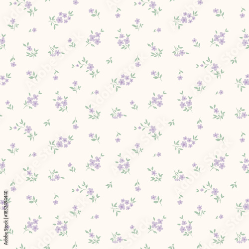 Flower pattern, floral seamless pattern, cottagecore ditsy tile print, gentle meadow flower on light background. Small hand draw flower, purple color, design for fashion, texture, fabric, wallpaper