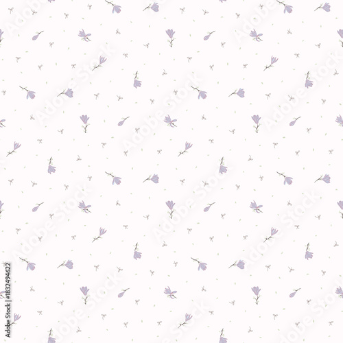 Flower pattern, floral seamless pattern, cottagecore ditsy print, purple meadow flower on light background. Small hand drawn flower, light tone style design for fashion, texture, fabric, wallpaper