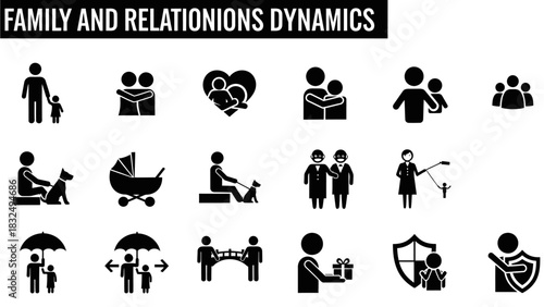 Family and relationship dynamics icons: stick figures depicting various family and relationship scenarios.