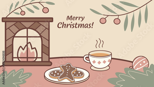 A cozy christmas scene with a fireplace, gingerbread cookies, and a warm cup of tea on the table top