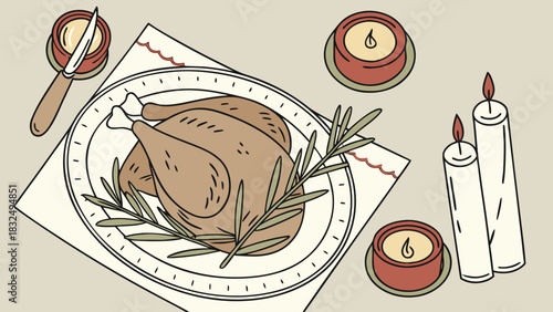Still life of roasted turkey on a platter with candles and butter dish for a festive meal setting