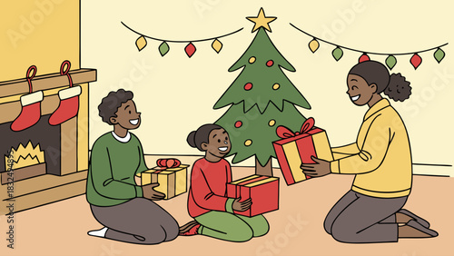 Family exchanging gifts near christmas tree and fireplace with stockings in a cozy living room scene