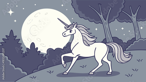 A unicorn walking in a forest with a big moon and stars in the background on a dark night scene