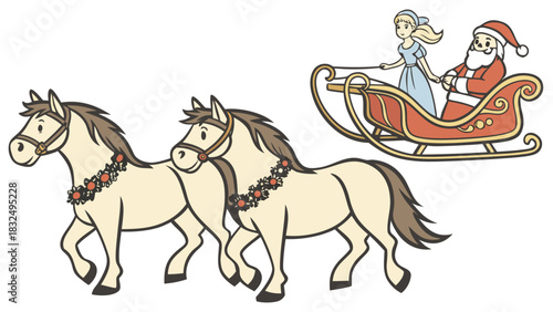 Santa and maiden in sleigh pulled by two horses with flower garlands for a festive holiday scene