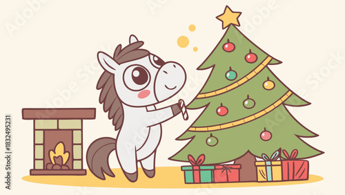 Cartoon horse decorating a christmas tree with a candy cane near a fireplace and gifts