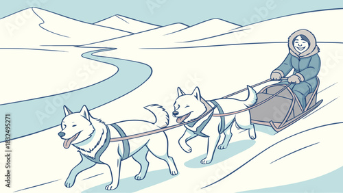 Woman riding a dog sled through a snowy landscape with mountains and a winding river in the background