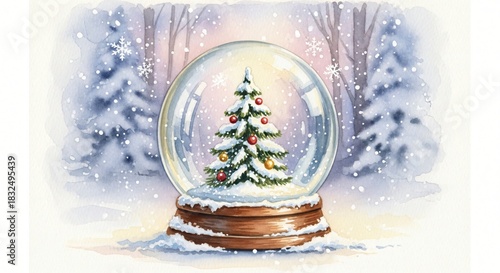 Festive watercolor snow globe with decorated Christmas tree, snowy winter forest background, falling snow
