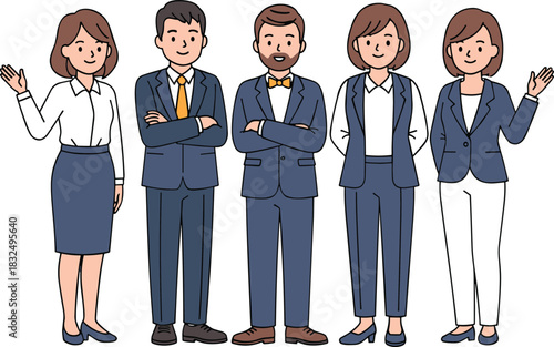 Cartoon business team, professional attire, diverse group, corporate culture, teamwork, formal clothing, smiling characters, office illustration, career icons, leadership