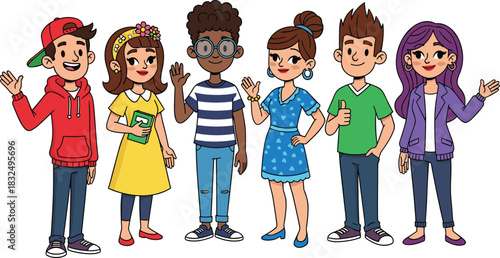 Cartoon character lineup, diverse kids, playful outfits, waving poses, smiling expressions, book, umbrella, guitar, school icons, inclusive illustration