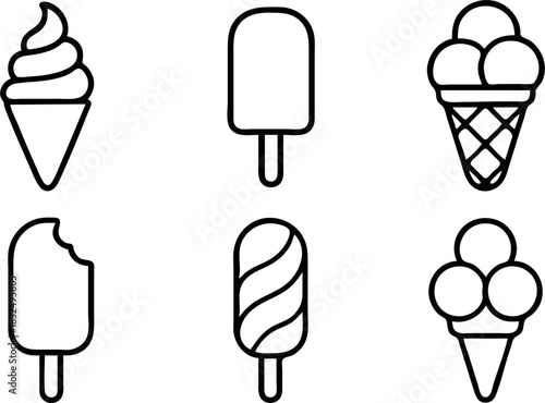 Collection of six simple line art ice cream desserts