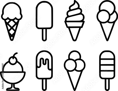 Collection of simple line art ice cream treats on a white background