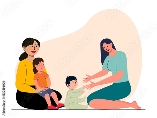 A mother sits with her daughter on her lap, another adult woman kneels and reaches out to a toddler sitting on the floor. Big family vector illustration. Flat illustration.