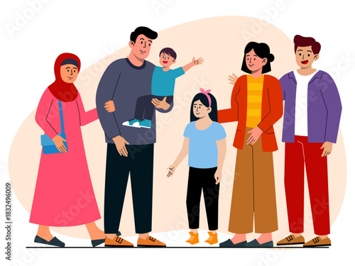 Two families or neighbors are meeting and greeting each other. Big family vector illustration. Flat illustration.
