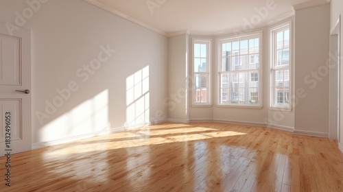 Bright and Airy Unfurnished Living Space with Wooden Floors and Large Windows