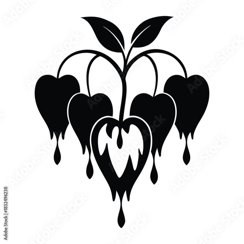 Bleeding heart flower silhouette black vector illustration on white background