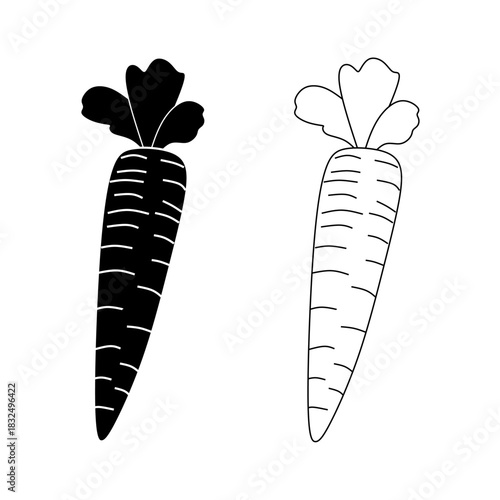 Cartoon Carrot Vegetable Icon Set. Black Silhouette and Outline Vector