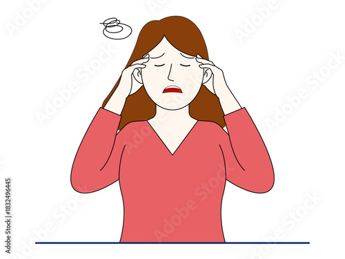 Upset girl struggle with overthinking struggle. Healthy problems vector illustration. Flat illustration.