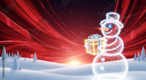 Christmas and New Year greeting card design featuring artificial intelligence theme and festive lights. Digital holiday season concept: AI powered design for Merry Christmas and Happy New Year banner