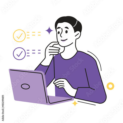 Survey and feedback character vector. Happy man with laptop, successfully completing tasks, generating new ideas, and achieving goals online
