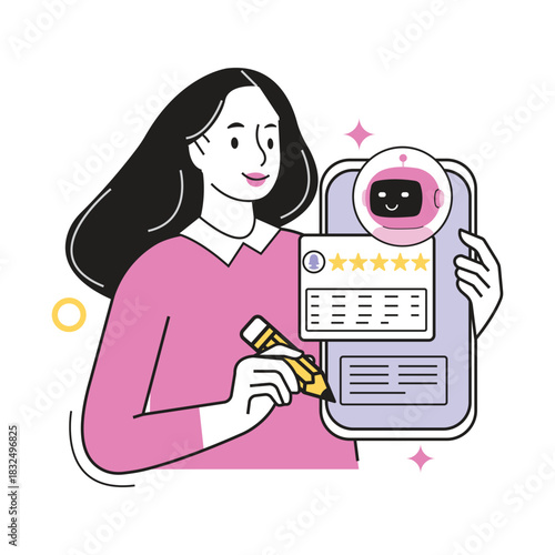 Survey and feedback character vector. Woman using smartphone to provide ai chatbot feedback, customer service review and rating illustration
