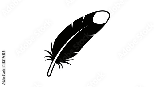 A black feather with a white tip, depicted in a simple, elegant, and isolated vector illustration.