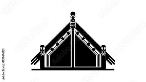 A black and white graphic illustration of a traditional Māori meeting house (wharenui) facade, featuring intricate carvings and cultural patterns.