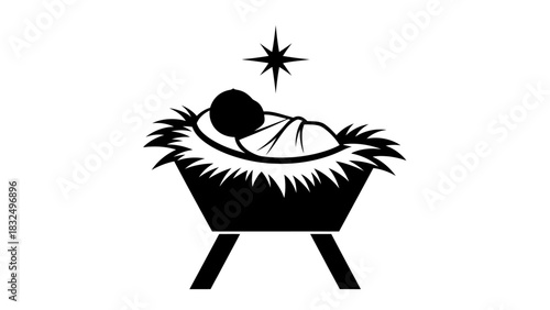 A black and white silhouette illustration depicting baby Jesus lying in a manger with a shining star above, symbolizing the Nativity scene.