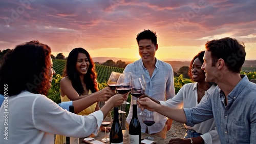 Wallpaper Mural Joyful people enjoying wine tasting celebration outdoors at sunset Torontodigital.ca