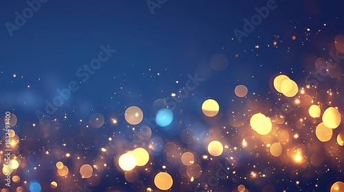 Twinkling golden star background with glowing Christmas lights bokeh effect, dark blue abstract blurred backdrop, high resolution and sharp focus on star lights