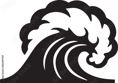 An abstract wave crests in a bold, stylized black silhouette on a white background