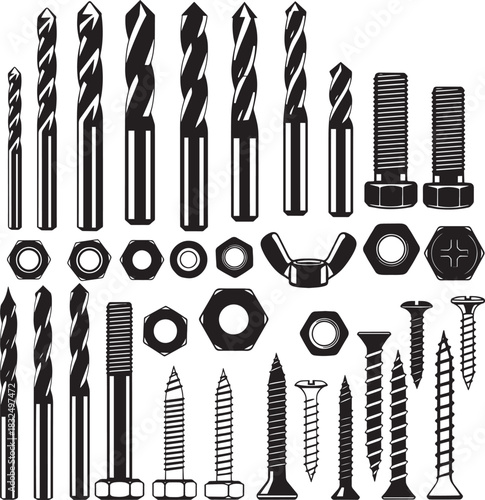 An array of black drill bits, fasteners, bolts, screws, and nuts are displayed clearly