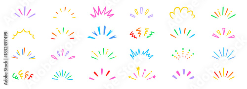 Line surprise shine ray color icon set. Hand drawn doodle color sparkle shine, surprise, sunburst frame with pop confetti ornament element collection. Comic headline decoration light ray. Vector
