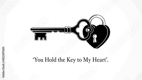 A black and white illustration of a vintage key and a heart-shaped padlock with the text "You Hold the Key to My Heart".
