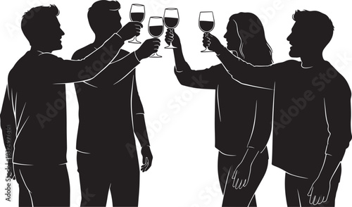 Black silhouettes of four friends raise wine glasses in a celebratory toast on white