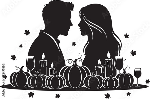 Black silhouettes show a couple facing each other with pumpkins, candles and wine glasses