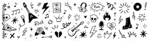 Rock and roll music icons with punk guitar stickers, grunge skulls, hand gestures, stars and tattoo style band symbols. Hand drawn grunge doodle style rock music icons. Vector illustration