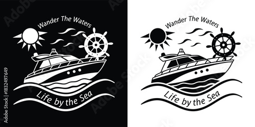 Modern motorboat with sun and birds in a circular emblem with rope border and the text wander the water life by the sea