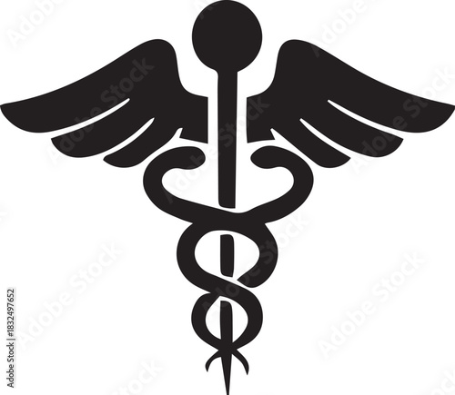 Black symbol features a staff entwined with two snakes, and prominent wings displayed, transparent background