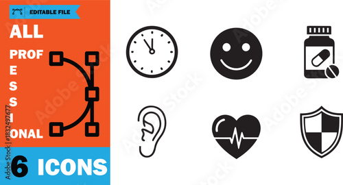 Clock, happy face, medicine bottle, ear, heart beat, and shield icons are displayed