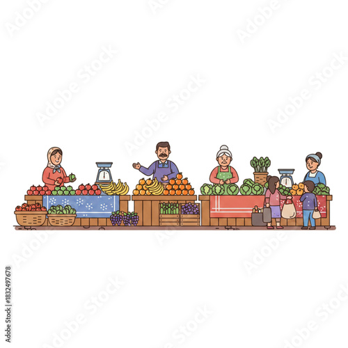 row of fruit vendors.isolated on a white background.